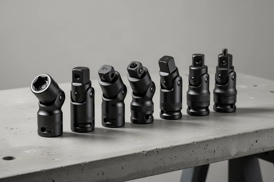 Row of black universal impact sockets with swivel joints on a workshop bench