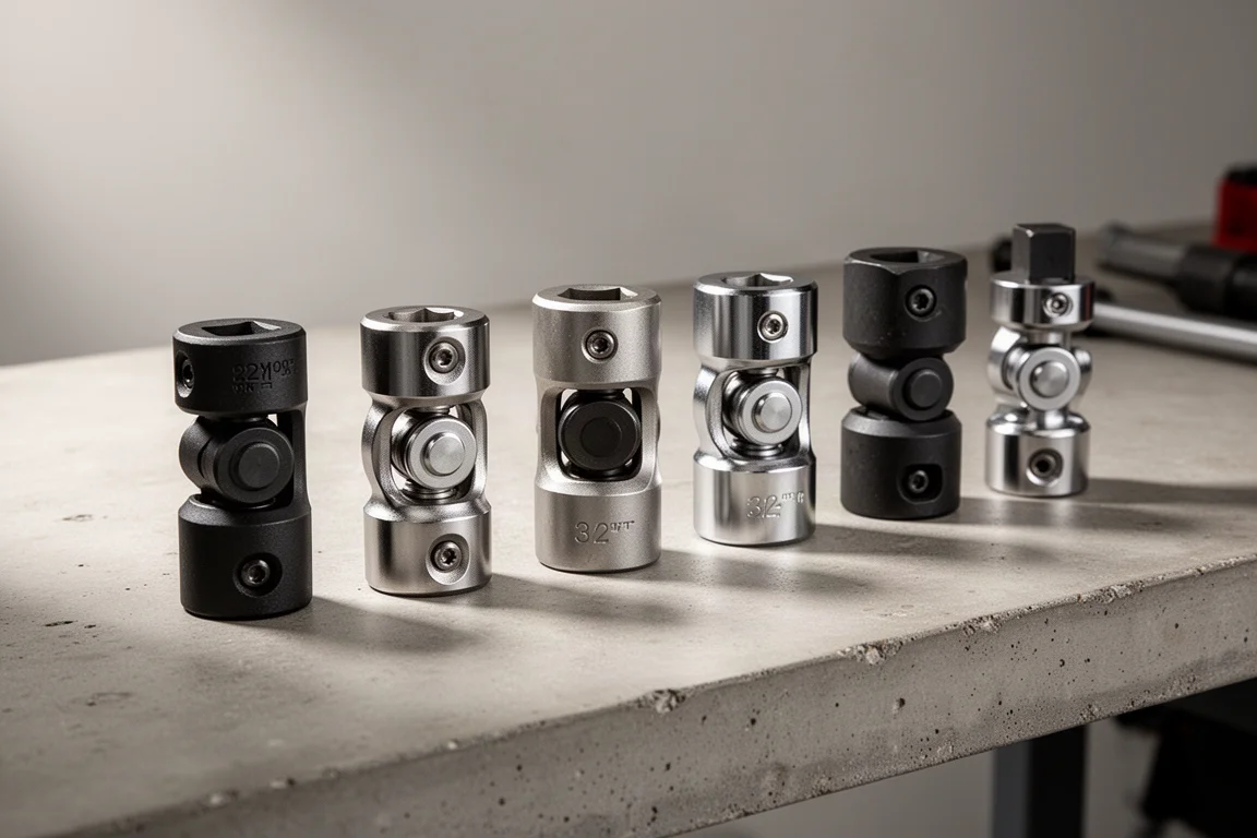 Collection of universal joint adapters lined up on a concrete workbench