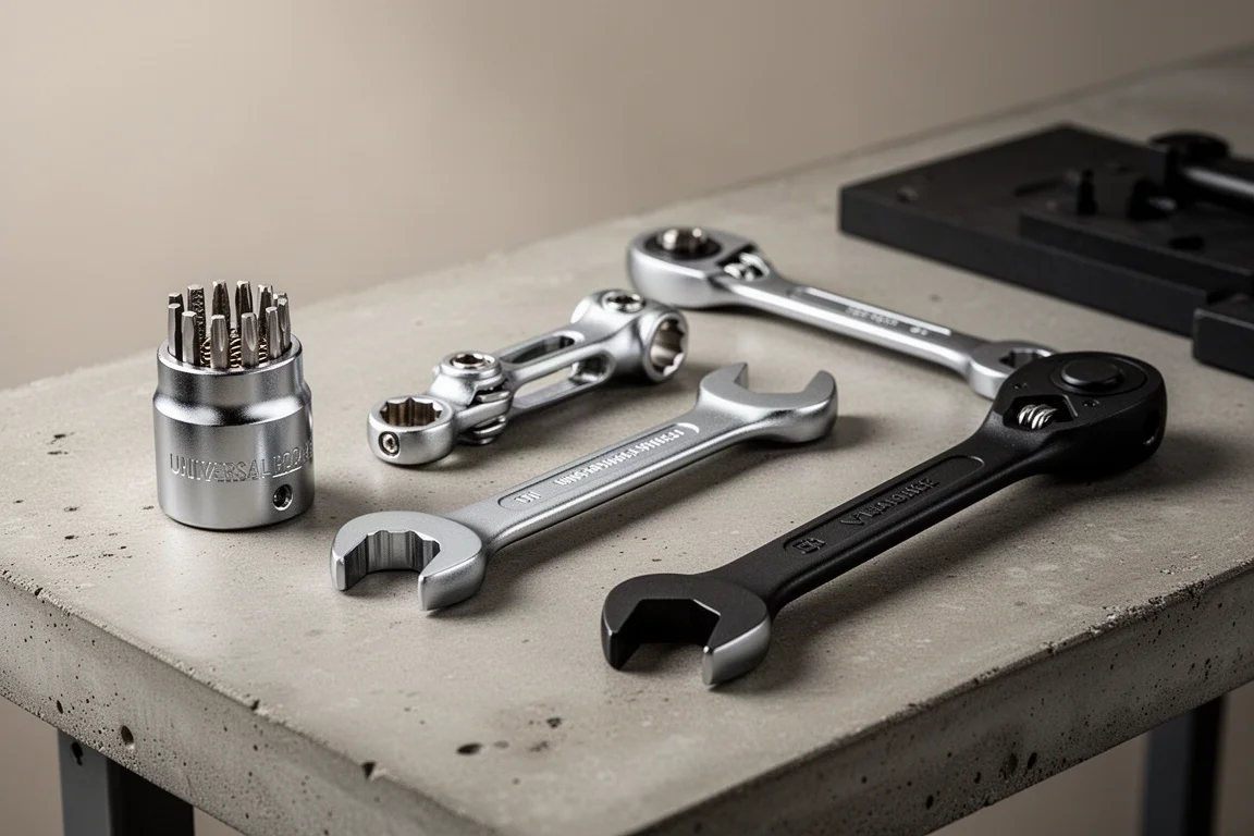 Collection of universal sockets and multi-size wrenches on a concrete workbench