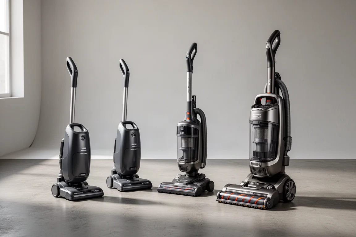 Eight upright vacuum cleaners of varying sizes arranged in a row on a concrete floor