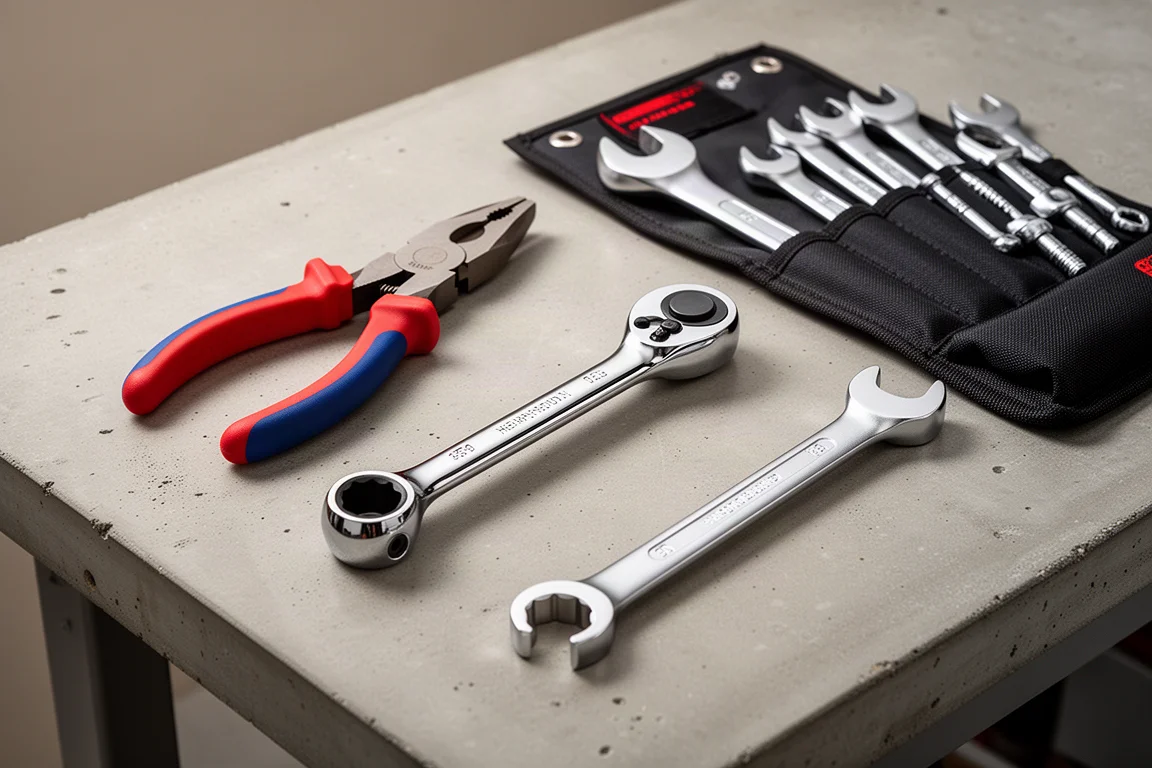 Ensemble d'outils d'atelier et de produits d'entretien fabriqués aux États-Unis disposés sur un établi en béton