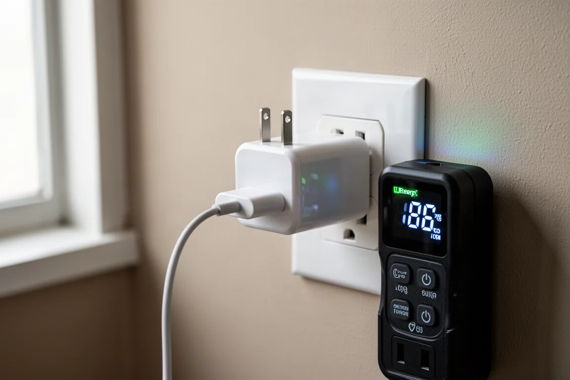 Cavo di ricarica USB-C collegato a una presa a muro con un contatore di energia collegato