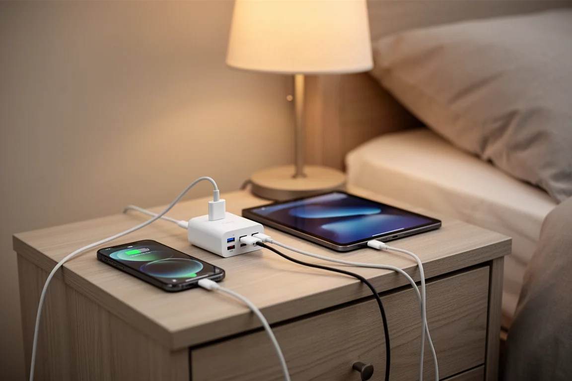 Caricabatterie multi-porta su un comodino che ricarica insieme telefono e tablet