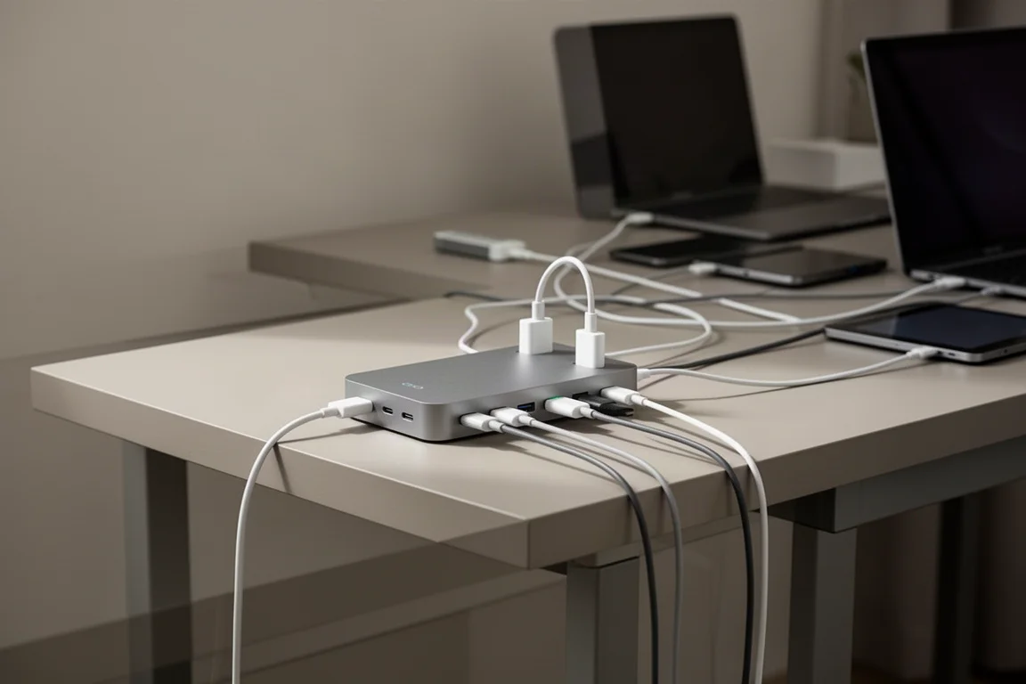 Grande stazione di ricarica desktop multi-porta che alimenta più dispositivi su una scrivania
