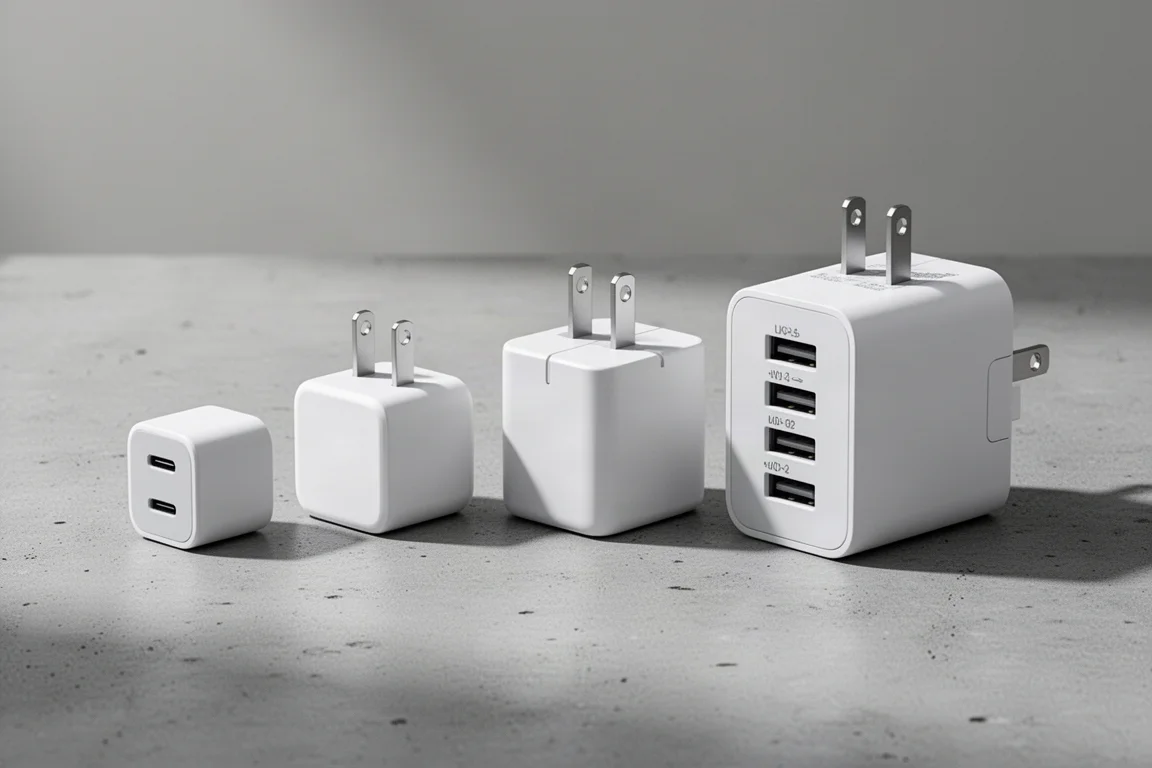 Cinque caricabatterie USB-C da muro di dimensioni diverse allineati su una superficie di cemento