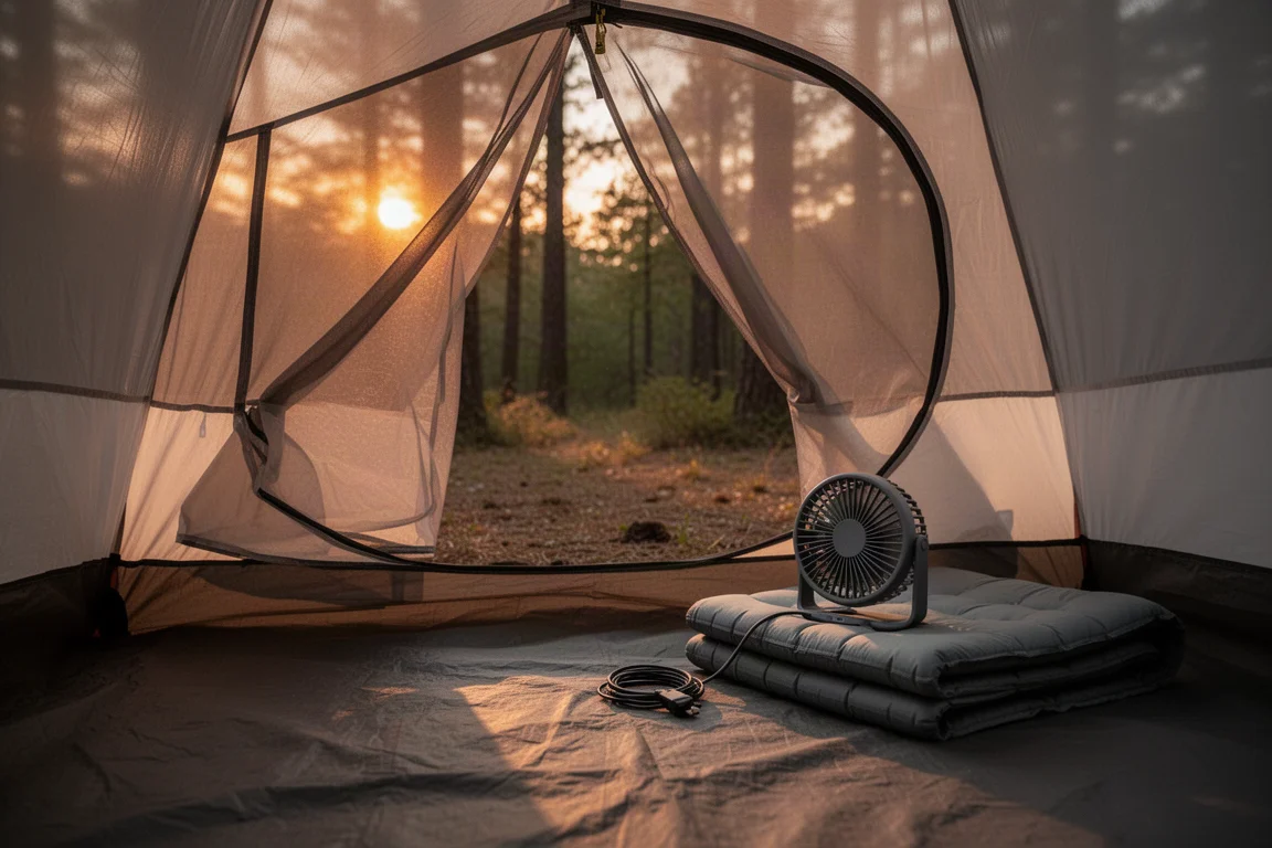 Interno di una tenda al crepuscolo con una piccola ventola USB appoggiata su un materassino