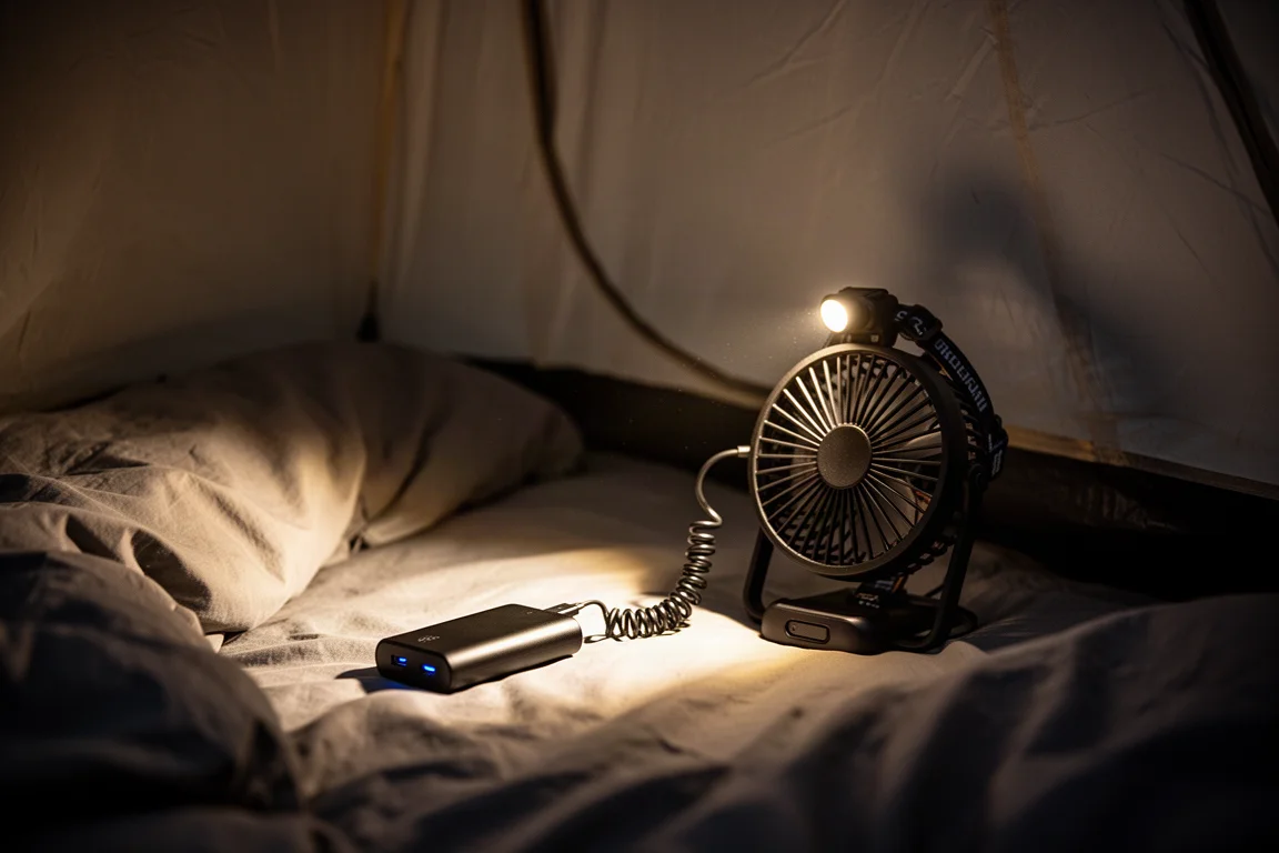 Power bank e ventola USB in funzione dentro una tenda di notte