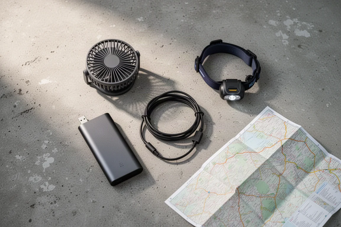 Disposizione piatta di ventola da campeggio, power bank, cavo, torcia frontale e mappa sul cemento