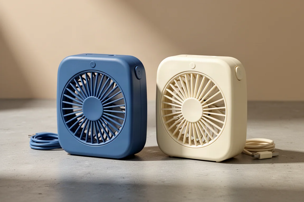 Two compact four-inch USB camping fans side by side on a concrete surface