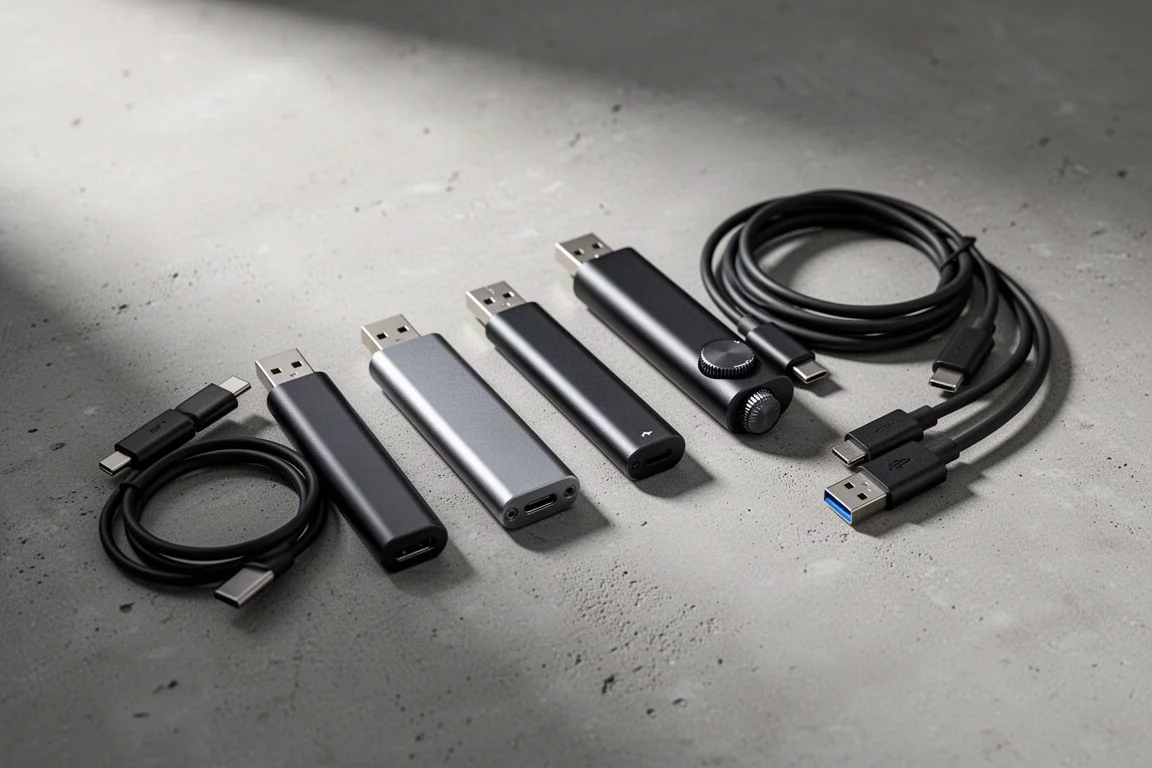 Five compact USB dongle DACs and cables arranged on a matte concrete surface