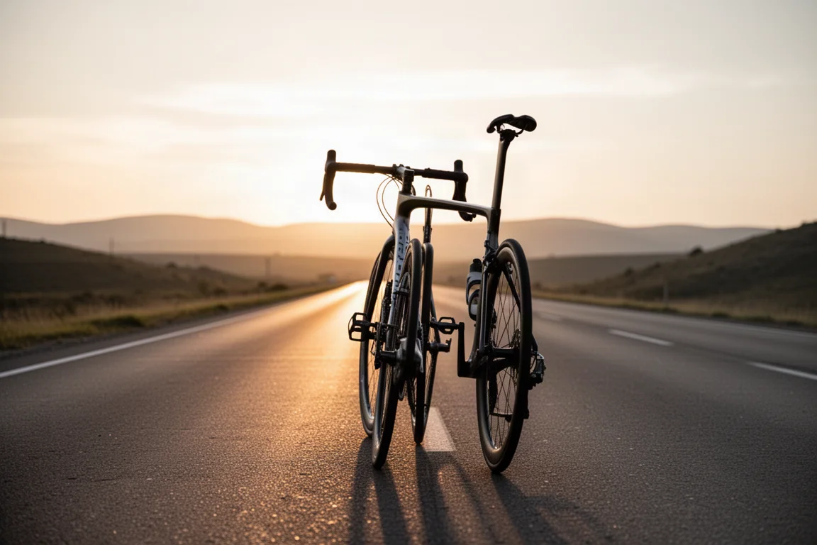 Endurance-Rennrad auf einer langen, offenen Straße bei Sonnenuntergang