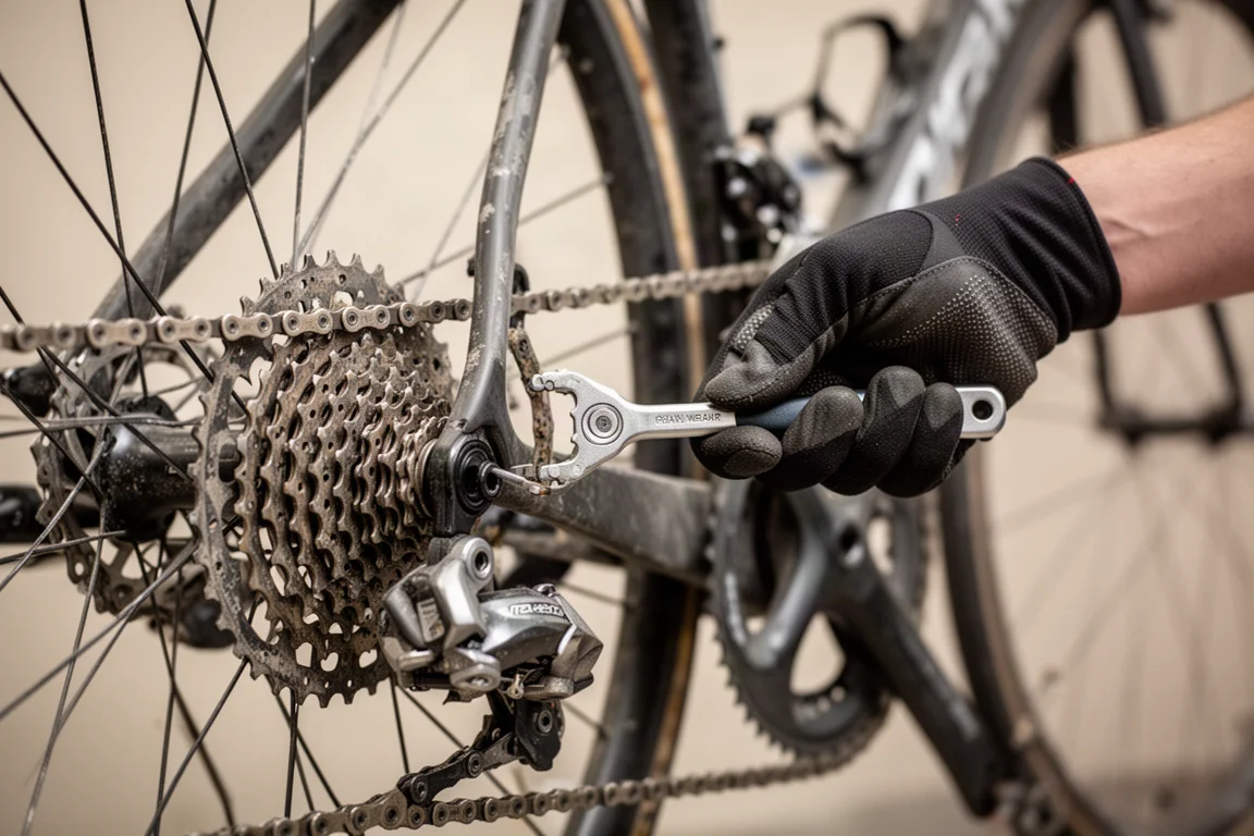 Radfahrer prüft den Kettenverschleiß an einem gebrauchten Carbon-Rennrad