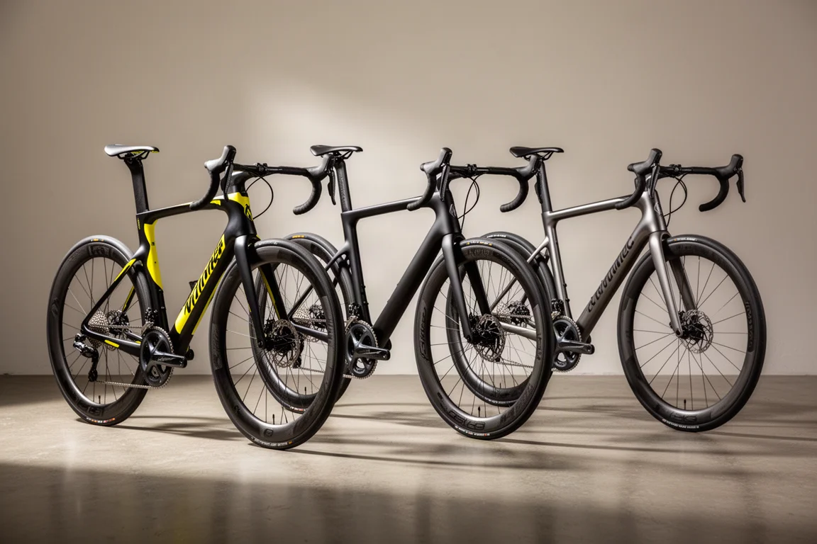 Drie gebruikte carbon racefietsen op een rij op een betonnen werkplaatsvloer