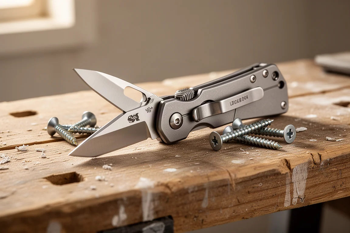 Folding utility knife blade flicked open on a workbench
