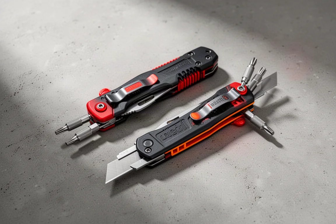 Folding utility knife blades side by side with folding bit drivers extended
