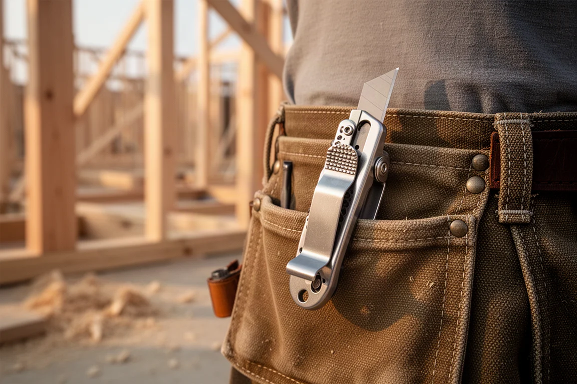 Utility knives clipped into a work belt pocket at a job site