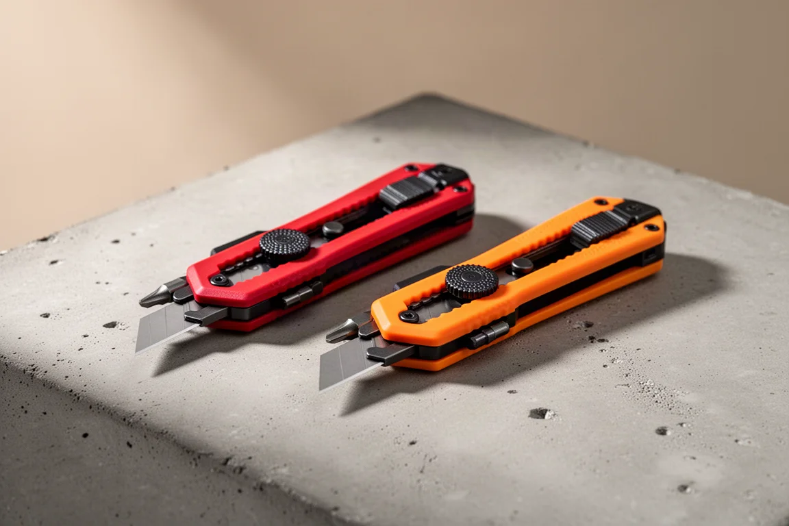 Red and orange folding utility knives with bit drivers side by side on concrete