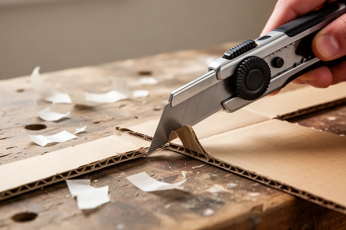 Utility knife blade cutting through cardboard on a workbench