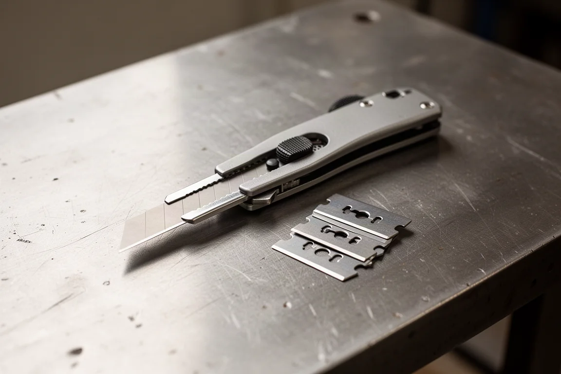 Folding utility knife lying open next to spare blades on a workbench