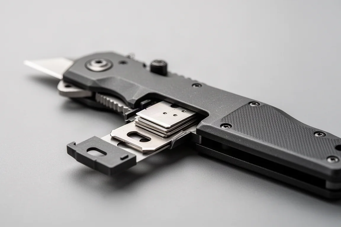 Folding utility knife with storage hatch open revealing spare blades