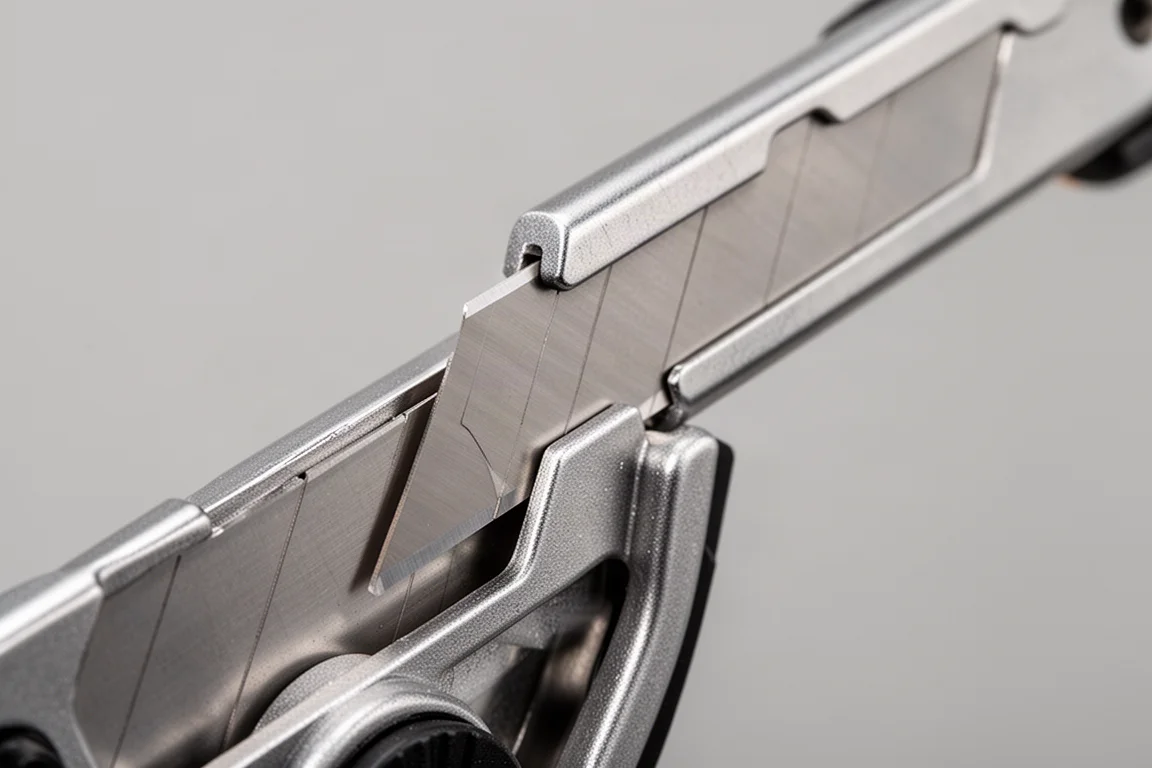 Compact utility knife blade held tightly in a clamping holder