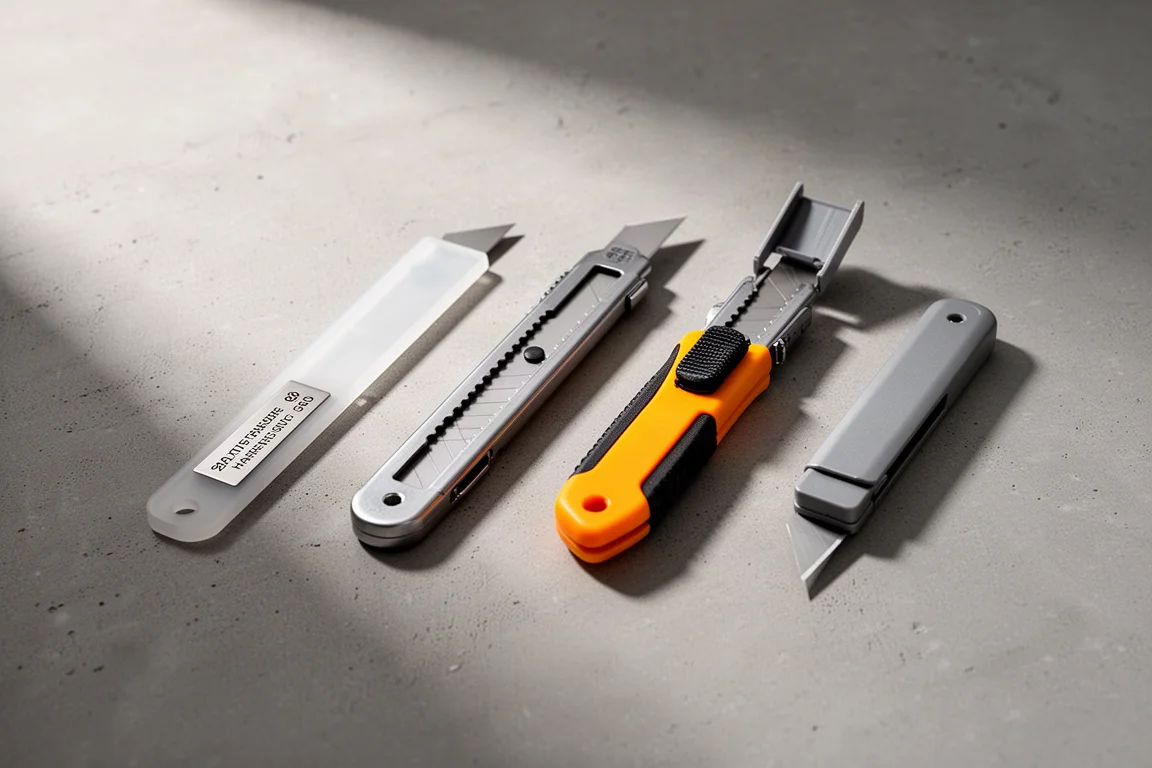 Four utility knives arranged in a row on a concrete surface