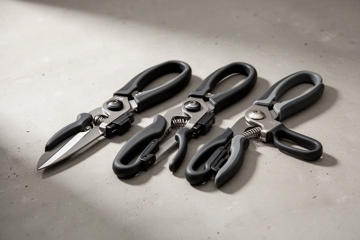 Three pairs of utility shears arranged side by side on a concrete surface