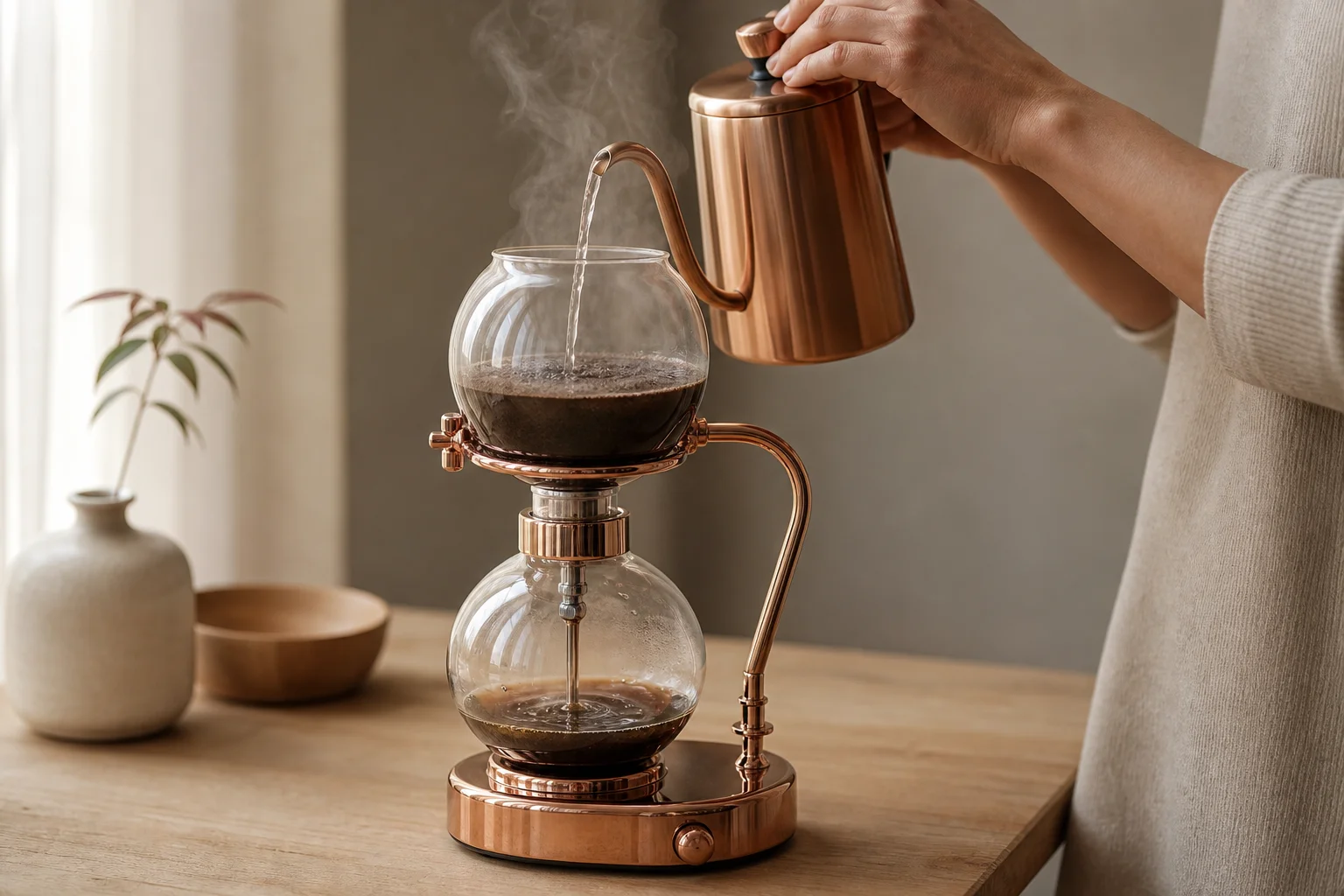 Hands pouring water into a luxury rose-gold vacuum coffee maker on a kitchen counter