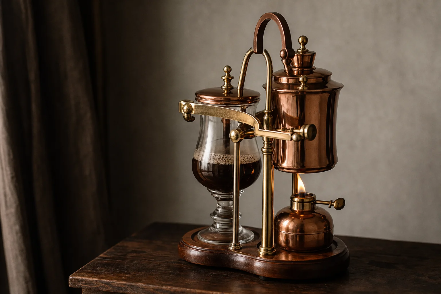Copper balance siphon coffee maker with ornate detailing and alcohol burner lit