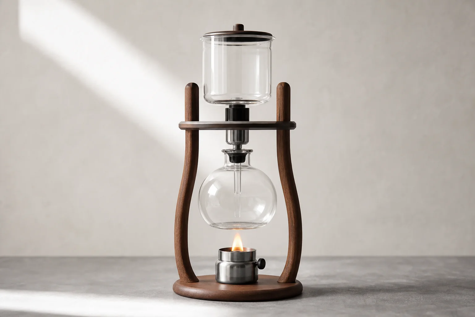 Compact clear glass vacuum coffee maker with two chambers and soot-free burner