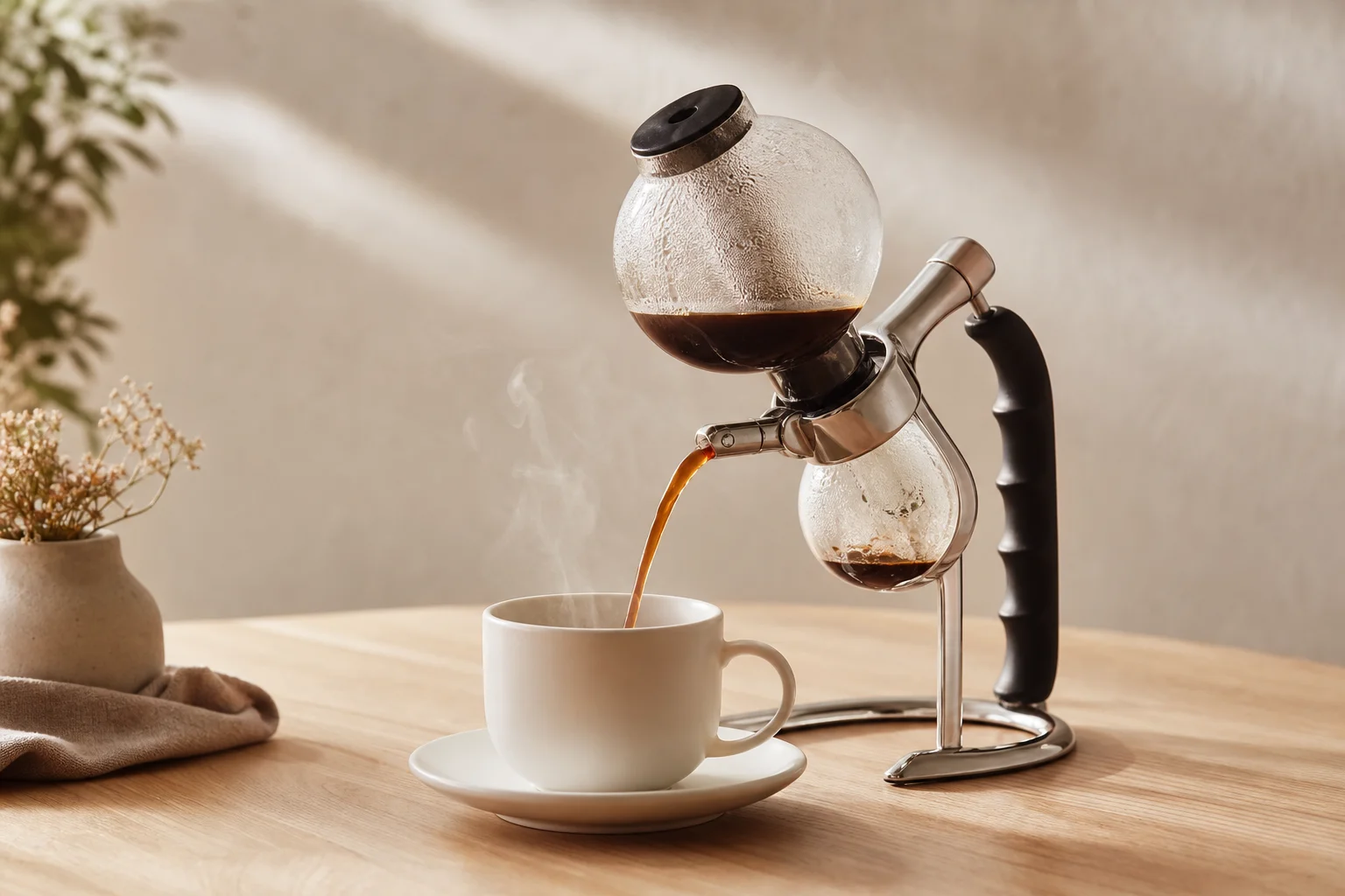 Brewed coffee being poured from a Bodum PEBO siphon into a white ceramic cup