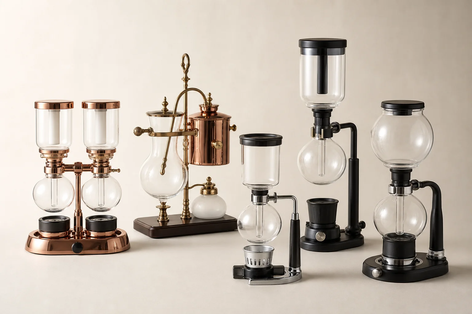 Five vacuum coffee makers displayed on neutral backdrop showing different styles and designs
