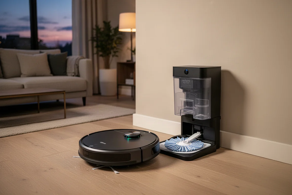 夕暮れ時のモダンなリビングルームで自動ゴミ収集ドックを備えたロボット掃除機