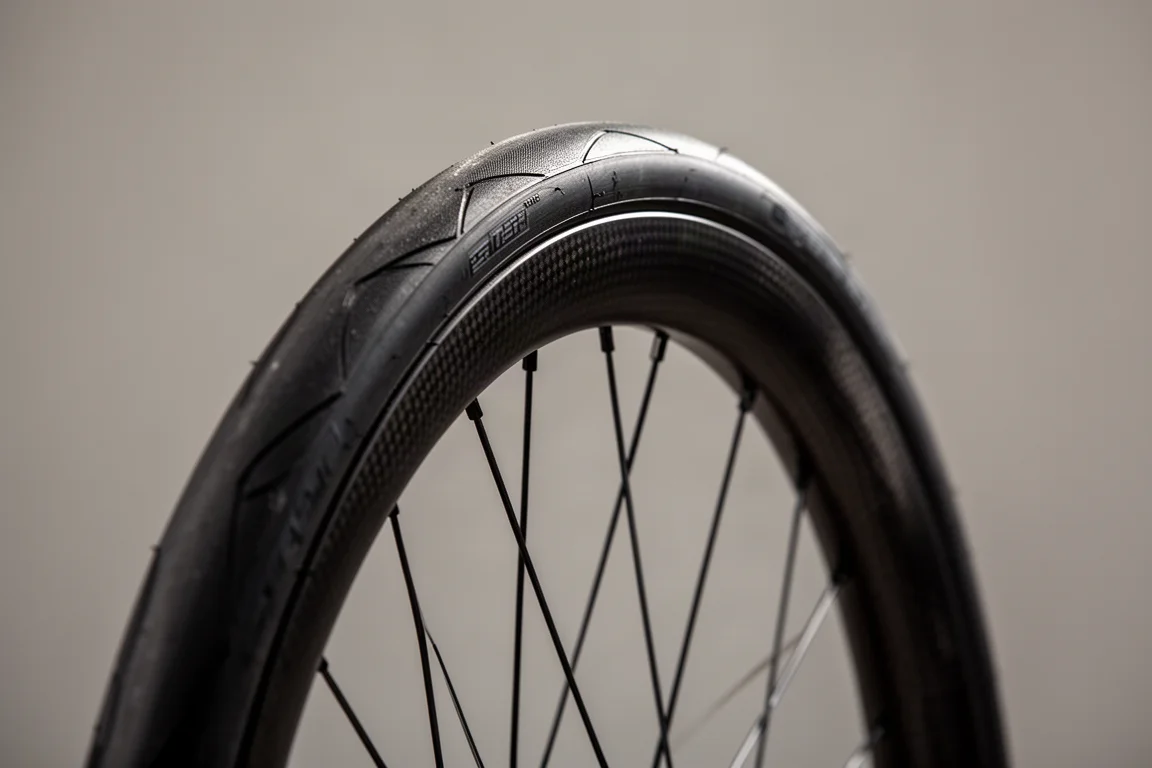Primer plano de un neumático de bicicleta de carretera montado en una llanta de carbono de perfil profundo