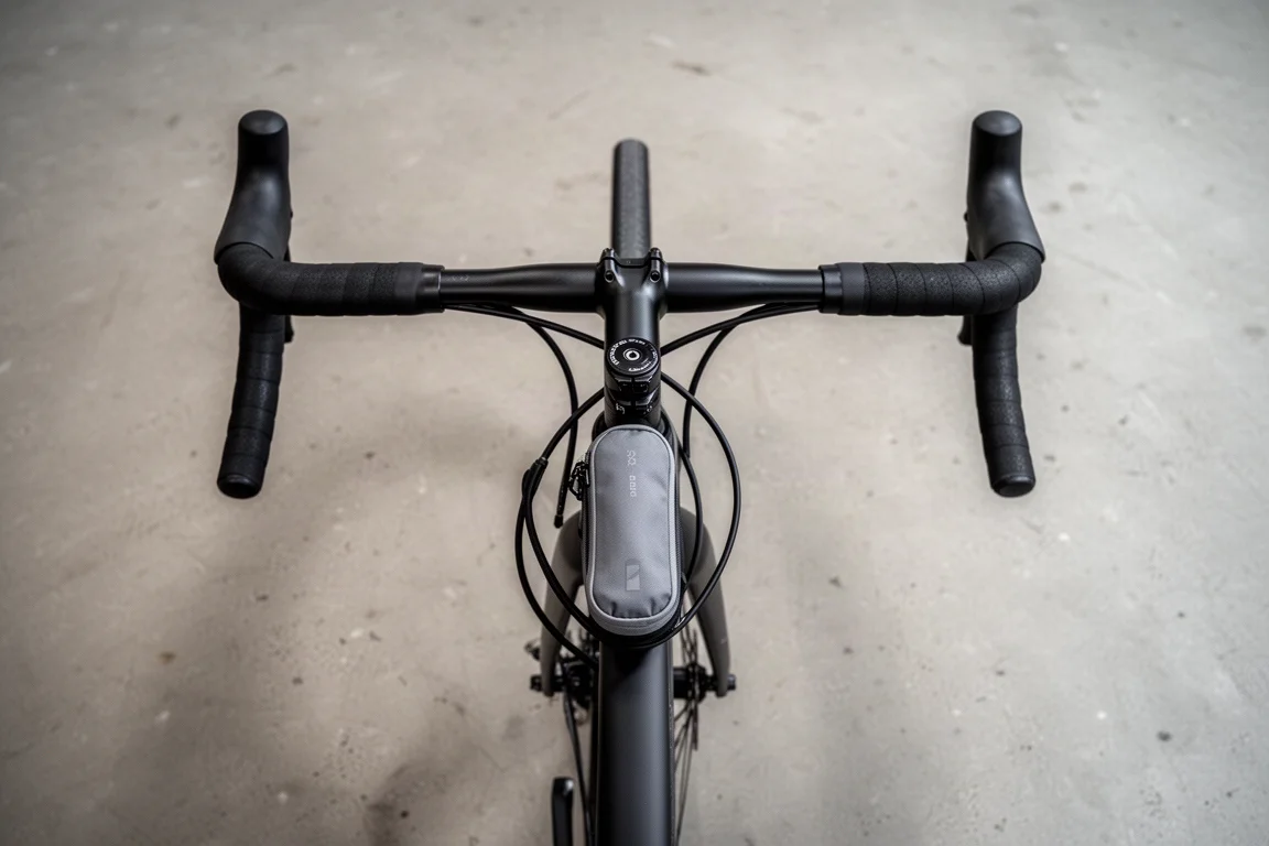 Vista cenital del cockpit de una bicicleta con un depósito de hidratación frontal montado en línea con el cuadro