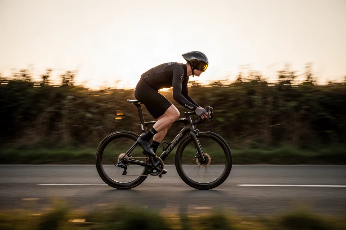 Rennradfahrer bei hoher Geschwindigkeit in tiefer Aeroposition im goldenen Abendlicht