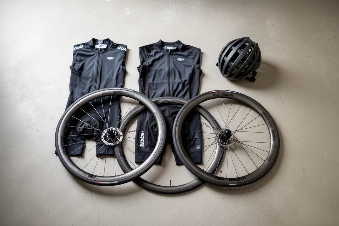 Draufsicht auf flach ausgelegte Aero-Ausrüstung fürs Rennrad auf hellem Betonboden