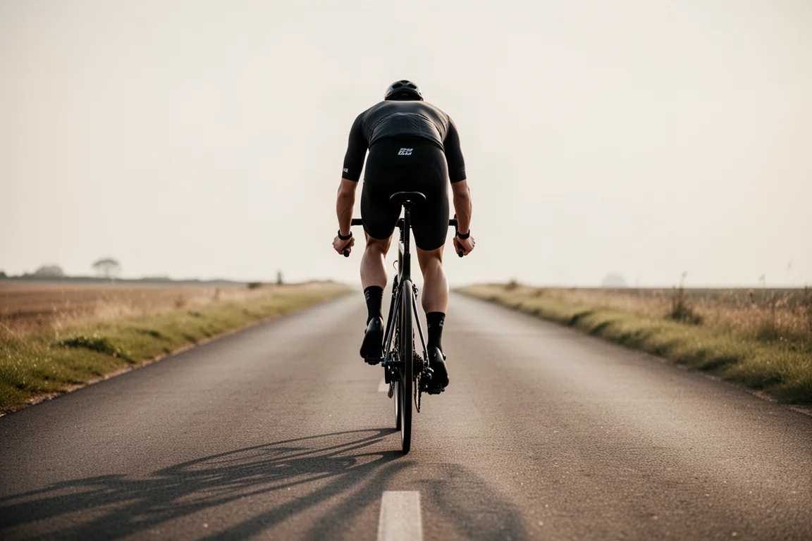 Rückansicht eines Rennradfahrers, der tief auf den Bremsgriffen auf einer leeren Fahrspur fährt