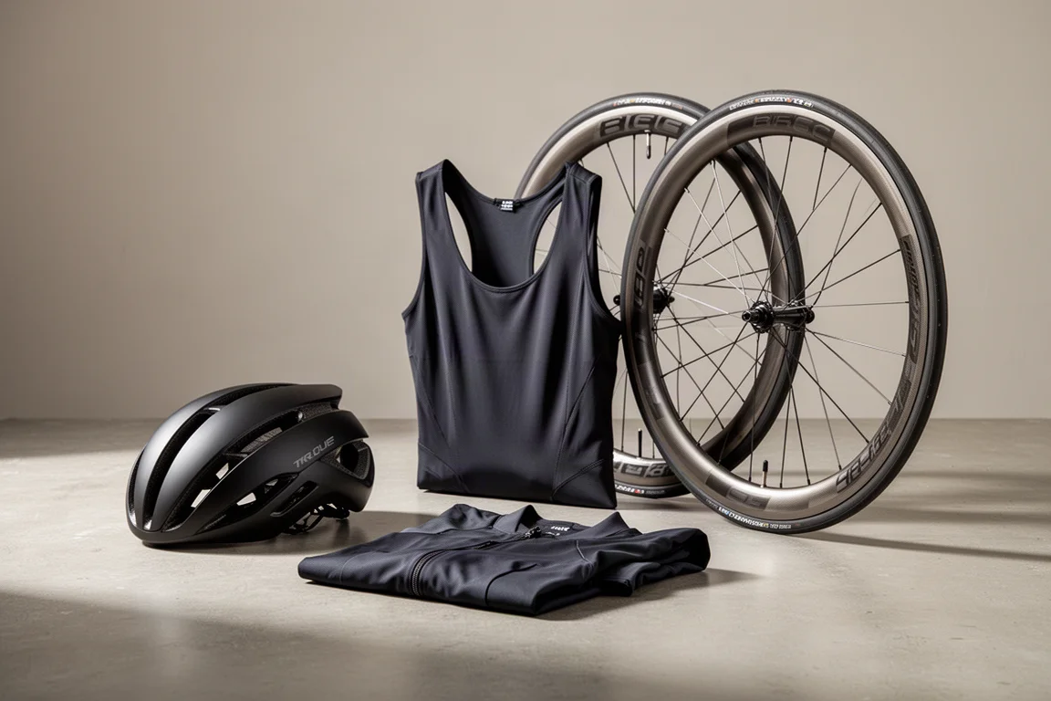 Aero racefietshelm, racepak en aluminium racefietswielen op een betonnen ondergrond