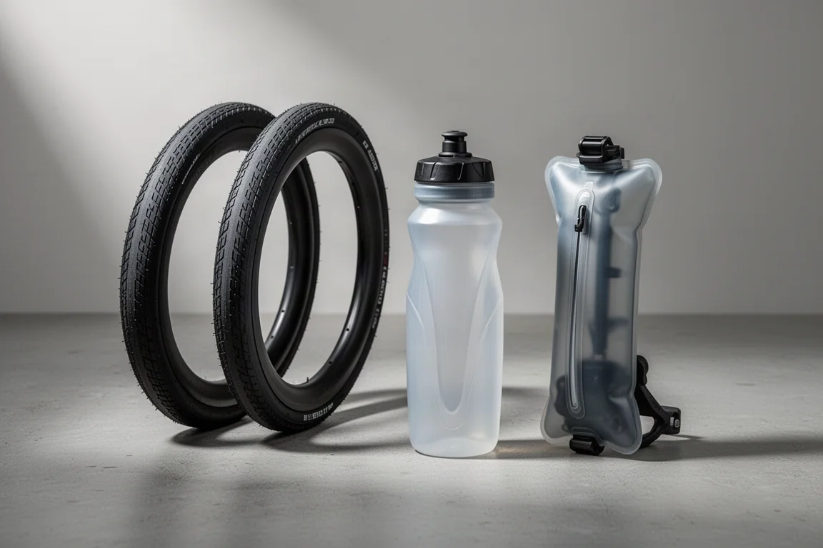 Neumáticos de carretera de competición, una botella aerodinámica y una unidad de hidratación frontal dispuestos sobre una superficie de hormigón