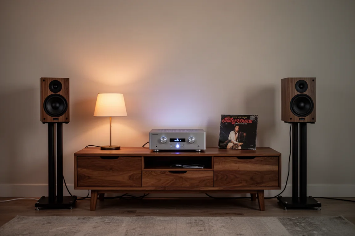 Compact amplifier and bookshelf speakers in a warm living room listening setup at dusk