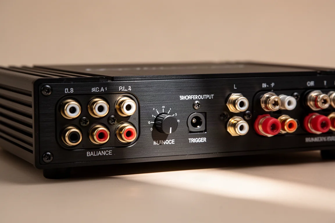 Close-up of rear panel connectors on a compact aluminium amplifier