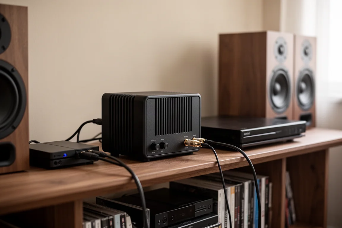 Compact amplifier on a media shelf connected to a games console and disc player