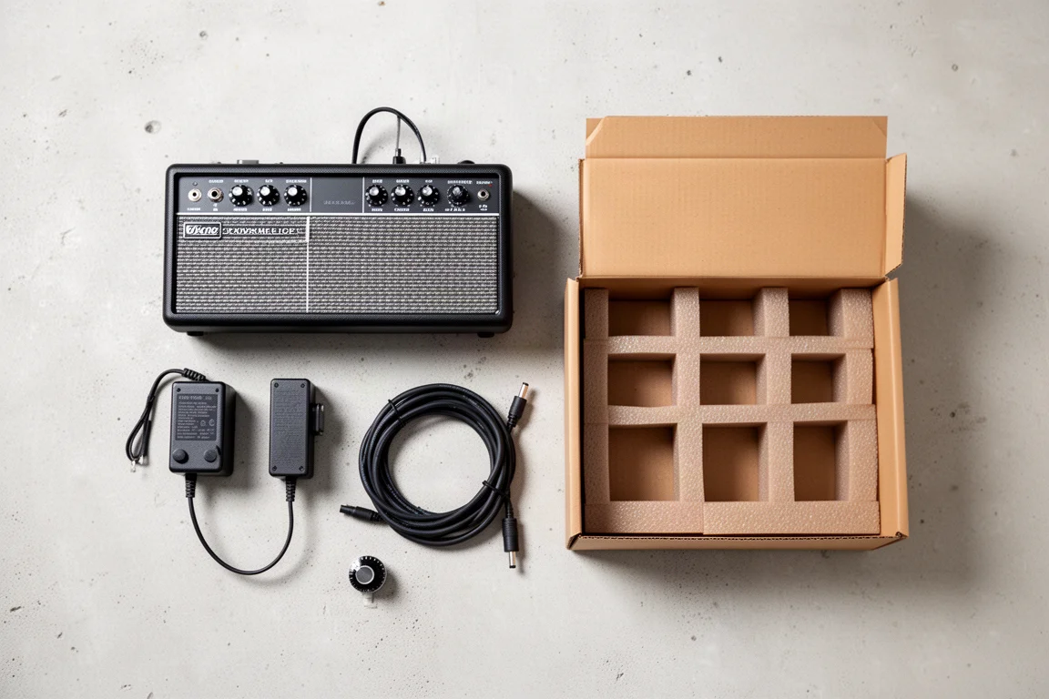 Overhead flat-lay of an amplifier, power supply, cables and shipping box on concrete