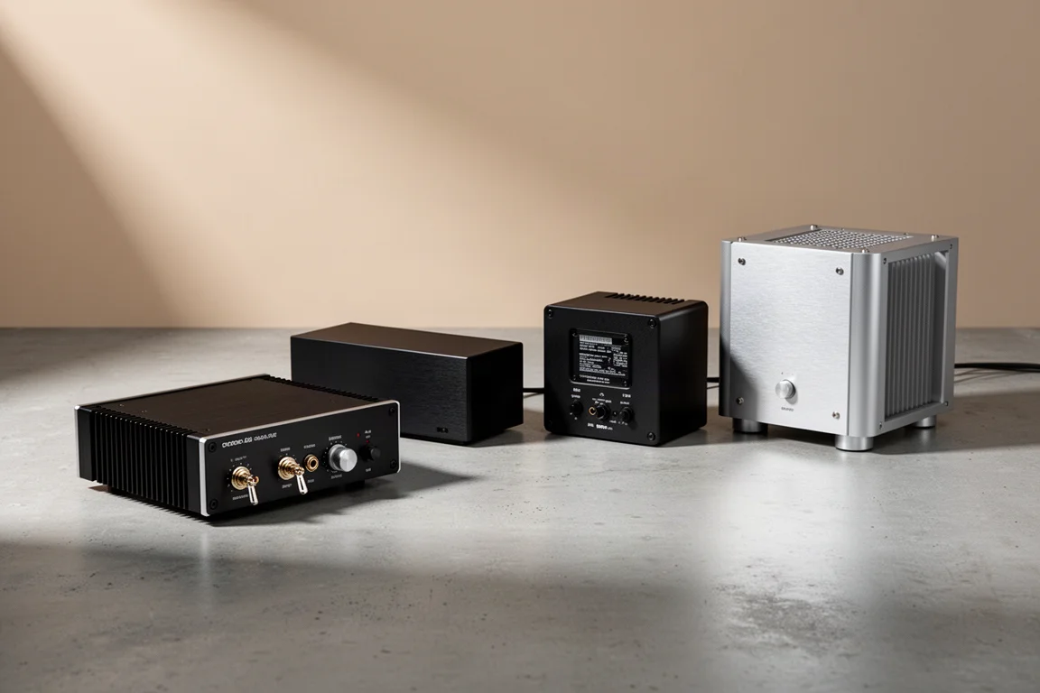 Four compact stereo amplifiers arranged in a row on a matte concrete surface