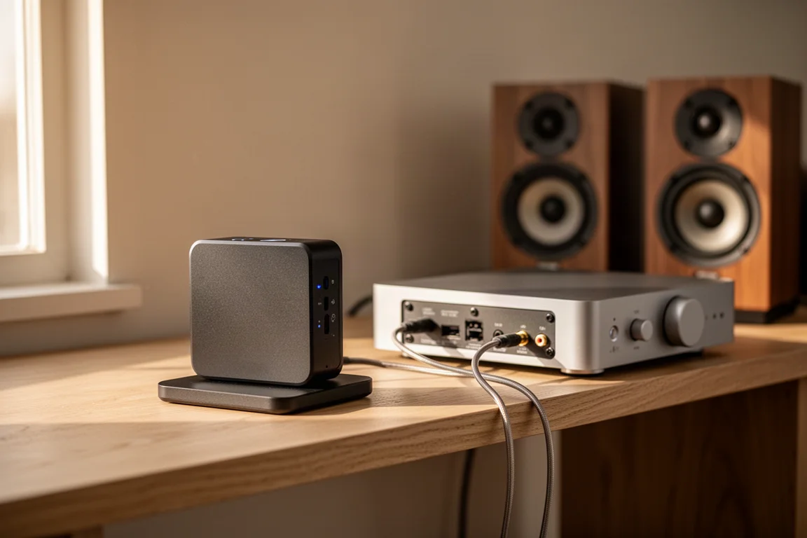 Compact network streamer on a wooden shelf beside a small amplifier
