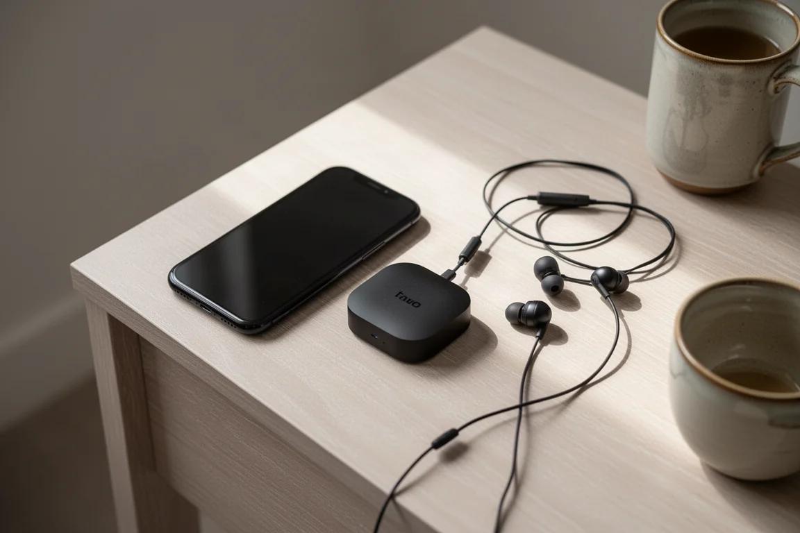 Phone on a side table beside a small streamer and wired earphones