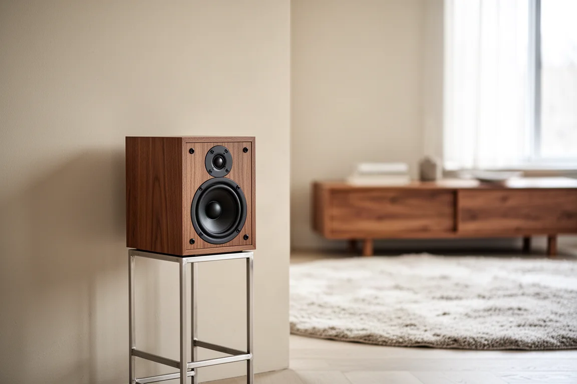 Small two-way bookshelf speaker on a stand in a bright living room
