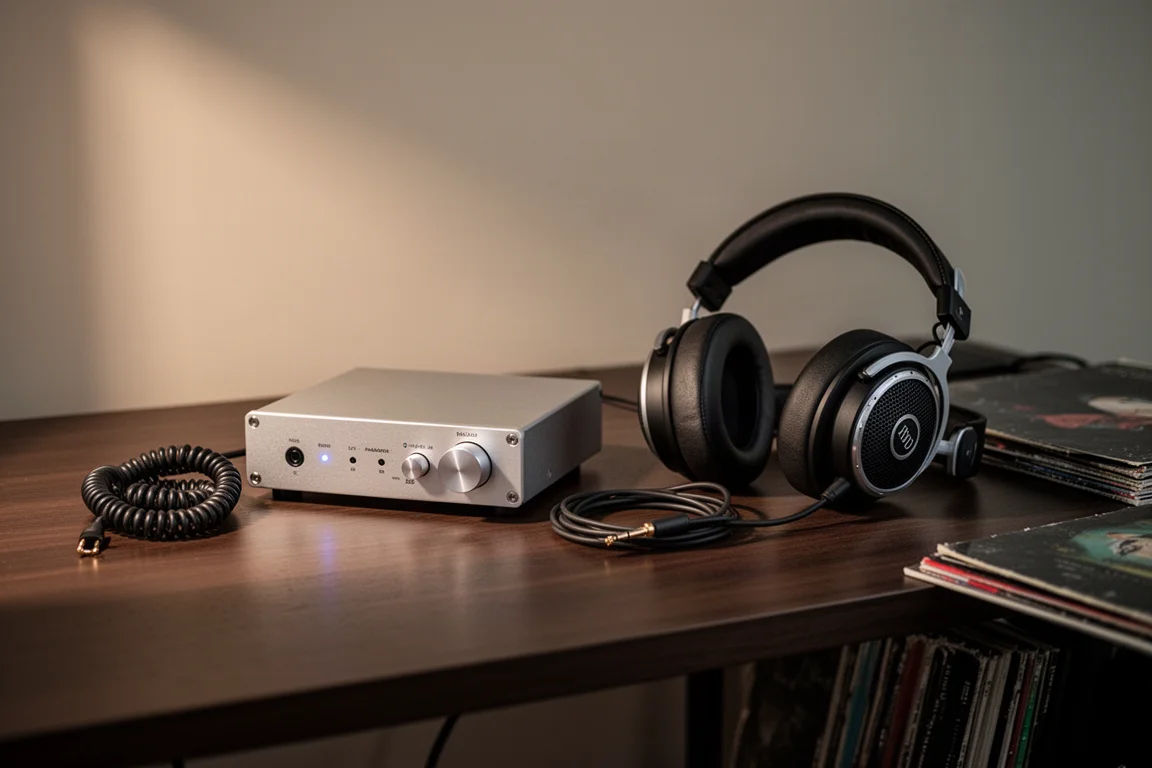 Desktop listening corner with a compact DAC and open-back headphones