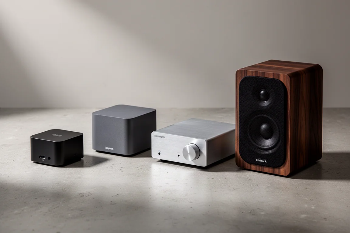 Four compact audio components arranged in a row on a concrete surface